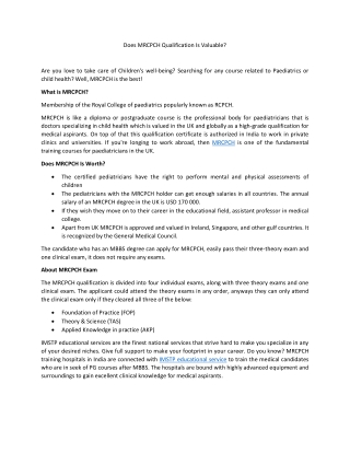 Does MRCPCH Qualification Is Valuable?