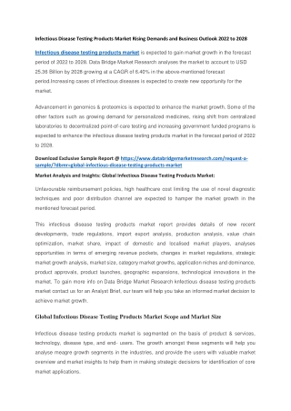 Infectious Disease Testing Products Market Rising Demands and Business Outlook 2022 to 2028