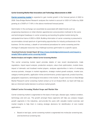 Carrier Screening Market New Innovations and Technology Advancements to 2028