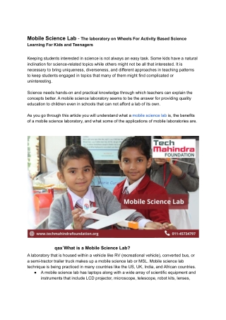 Mobile Science Lab - The laboratory on Wheels For Activity Based Science Learning For Kids and Teenagersdyd