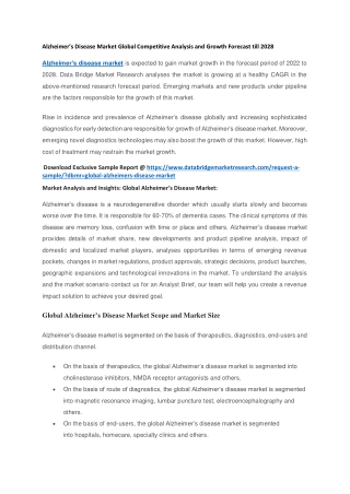 Alzheimer’s Disease Market Global Competitive Analysis and Growth Forecast till 2028