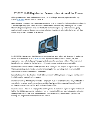 FY-2023 H-1B Registration Season is Just Around the Corner