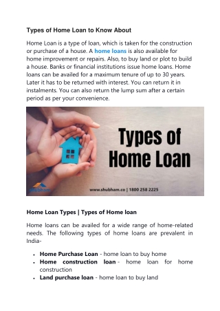 Types of Home Loan to Know About