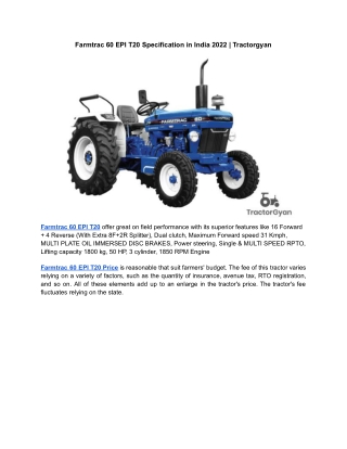 Farmtrac 60 EPI T20 Specification in India 2022 | Tractorgyan