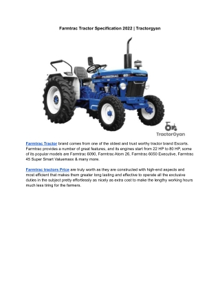 Farmtrac Tractor Specification 2022 | Tractorgyan