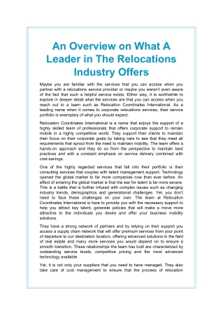 An Overview on What A Leader in The Relocations Industry Offers