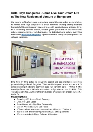 Birla Tisya Bangalore - Come Live Your Dream Life at The New Residential Venture