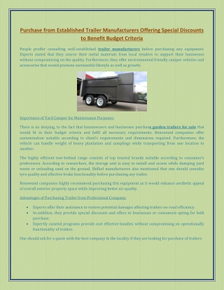 Purchase from Established Trailer Manufacturers Offering Special Discounts to Benefit Budget Criteria