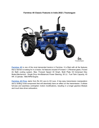 Farmtrac 45 Classic Features in India 2022 | Tractorgyan