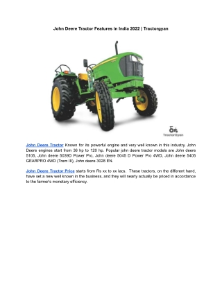 John Deere Tractor Features in India 2022 | Tractorgyan