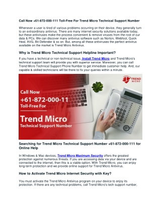 Trend Micro Technical Support Numbers  61-872-000-111 Toll-Free