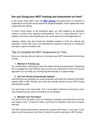 Are you Doing your MOT training and assessment on time