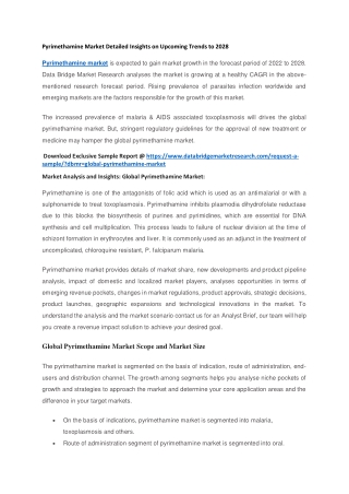 Pyrimethamine Market Detailed Insights on Upcoming Trends to 2028