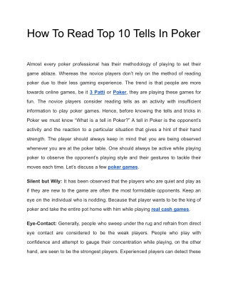 How To Read Top 10 Tells In Poker