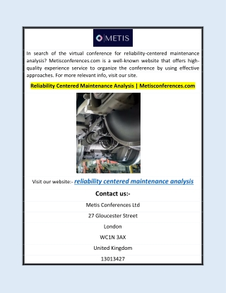 Reliability Centered Maintenance Analysis | Metisconferences.com