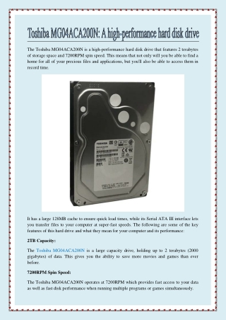 Toshiba MG04ACA200N A high-performance hard disk drive