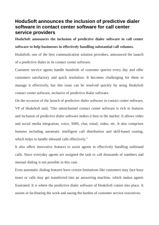 HoduSoft announces the inclusion of predictive dialer software in contact center software for call center service provid