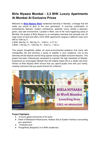 Birla Niyaara Mumbai - 2,3 BHK Luxury Apartments At Mumbai At Exclusive Prices