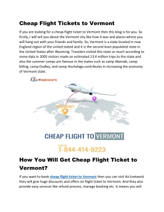 1-844-414-9223 Book Cheap Flight Ticket To Vermont on Air1network