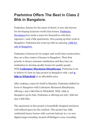 Pashmina Offers The Best in Class 2 Bhk in Bangalore