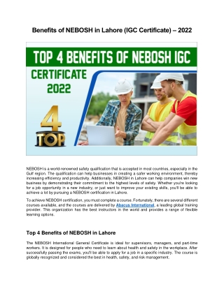 Benefits of NEBOSH in Lahore (IGC Certificate) – 2022