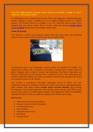 Need The High-Standard Security Guard Services In Florida, Georgia & Texas CONTACT AK Security NOW!