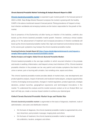 Chronic Bacterial Prostatitis Market Technology & Analysis Research Report to 2028