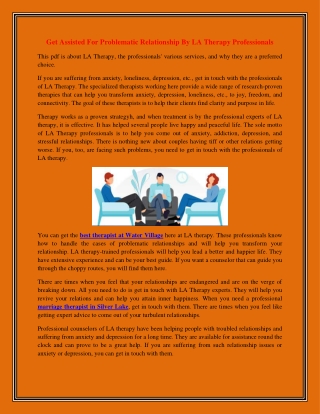Get Assisted For Problematic Relationship By LA Therapy Professionals