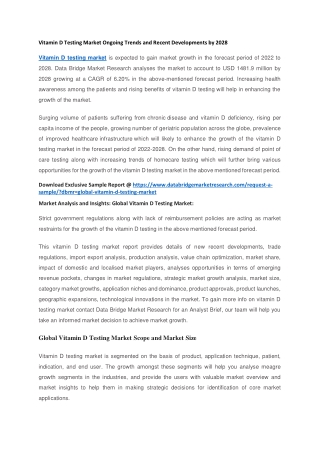 Vitamin D Testing Market Ongoing Trends and Recent Developments by 2028