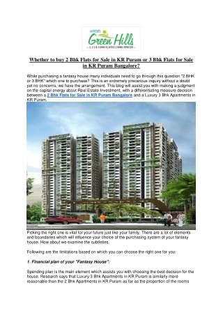 Whether to buy 2 Bhk Flats for Sale in KR Puram or 3 Bhk Flats for Sale in KR Puram Bangalore