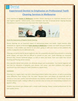 Experienced Dentist to Emphasise on Professional Teeth Cleaning Services in Melbourne