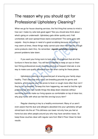 The reason why you should opt for Professional Upholstery Cleaning