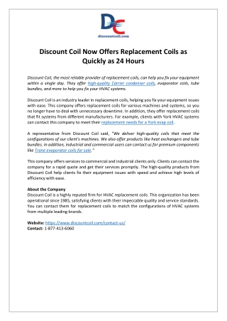 Discount Coil Now Offers Replacement Coils as Quickly as 24 Hours