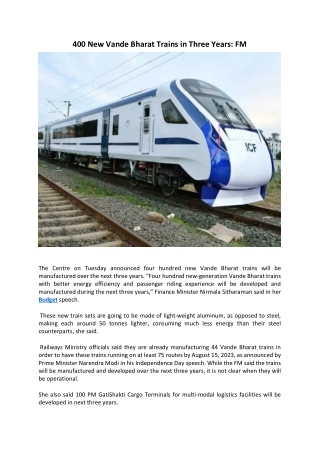 400 New Vande Bharat Trains in Three Years FM