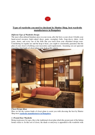 Types of wardrobe you need to checkout by Shutter Shop, best wardrobe manufacturers in Bangalore