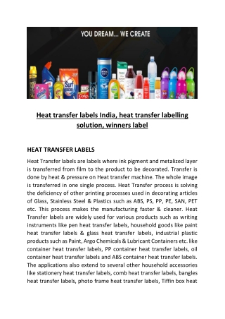 Heat transfer labels India, heat transfer labelling solution, winners label