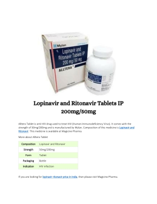 Lopinavir and Ritonavir Tablets IP 200mg-50mg
