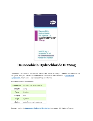 Daunorobicin Hydrochloride IP 20mg