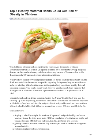 Top 5 Healthy Maternal Habits Could Cut Risk of Obesity in Children