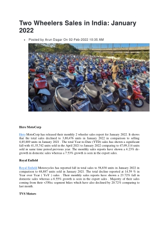 Two Wheelers Sales in India: January 2022