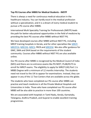 Top PG Courses after MBBS for Medical Students - IMSTP