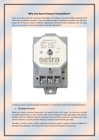 Why Use Setra Pressure Transmitters