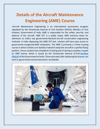 Details of the Aircraft Maintenance Engineering