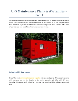 UPS Maintenance Plans & Warranties - Part 1