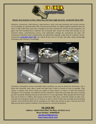 Master Key Systems to Get a New Key and Have High Security Locksmith West Hills