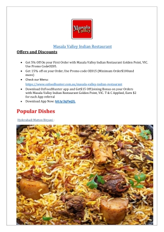 $5 off- Masala Valley Indian Food Restaurant Golden Point,VIC