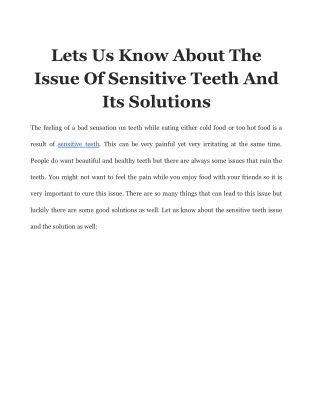 Lets Us Know About The Issue Of Sensitive Teeth And Its Solutions