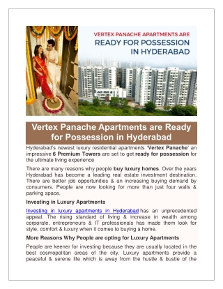 Vertex Panache Apartments are Ready for Possession in Hyderabad