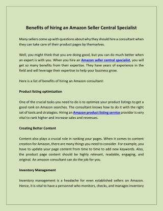 Benefits of hiring an Amazon Seller Central Specialist