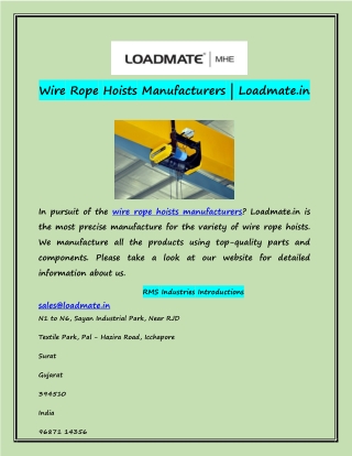 Wire Rope Hoists Manufacturers | Loadmate.in